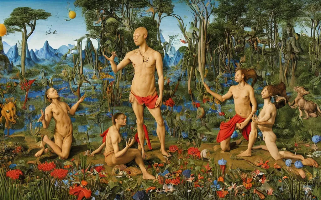 Image similar to a portrait photograph of a meditating werewolf and a centaur prince feeding tropical animals at a wide river delta. surrounded by bulbous flowers, animals and trees. mountain range under a vast blue sky of burning stars. painted by jan van eyck, max ernst, ernst haeckel and artgerm, cgsociety, artstation, fashion editorial