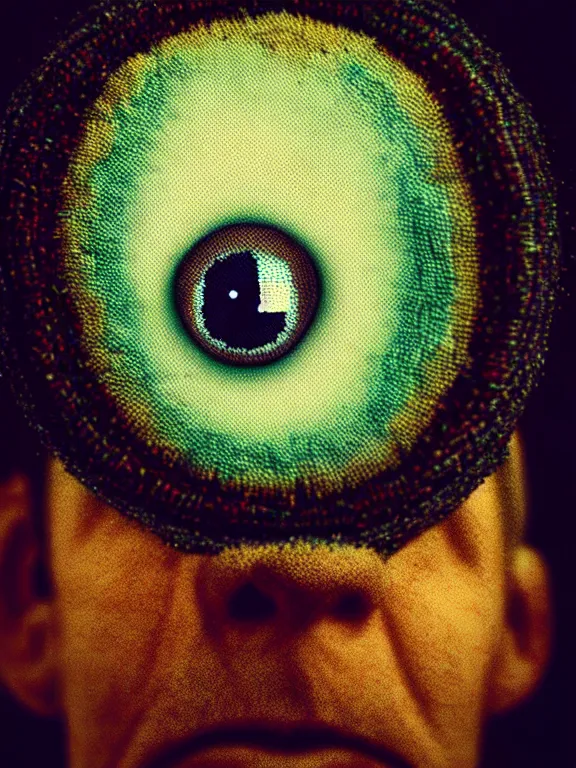 Prompt: a close up of a person with a weird looking eye, a character portrait by alexander jansson, featured on cg society, pop surrealism, made of beads and yarn, studio portrait, fisheye lens