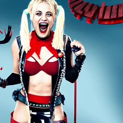 Prompt: A still of Kaley Cuoco as Harley Quinn, laughing