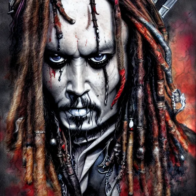 Prompt: symmetrical complex fine detail, black ink & copic markers, vibrant muted colors, disturbing grunge still of a solomonic demon infested captain jack sparrow, by arthur adams, by tom bagshaw, by henry asencio, by kikuchi hideyuki