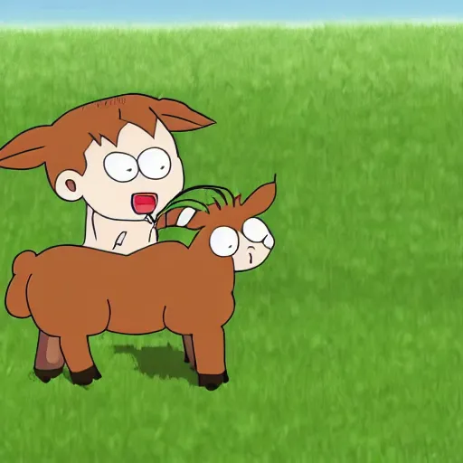 Prompt: a small goat in shin chan style animation eating grass