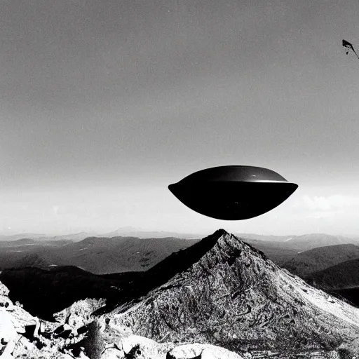 Prompt: photo of a ufo crashed into a mountain, black and white photo