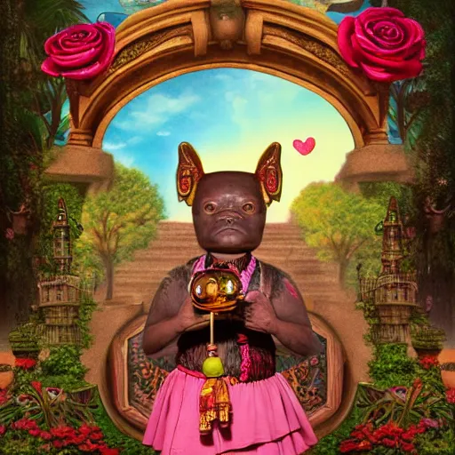 Prompt: wide angle dynamic portrait of a chibbi dogon priest in a rose garden with a red pond and a golden ornate steampunk portal, by mark ryden and todd schorr and mark davis and thomas kinkade in a surreal lowbrow style, digital paint, matte paint, vivid synthwave colors, breathtaking landsape