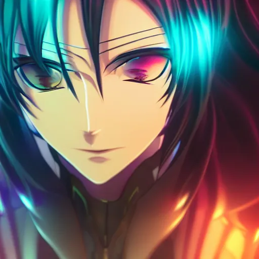 Prompt: Lelouch Lamperouge in a neon city, octane render 8k, atmospheric render, beautiful face, cute, realistic skin, beautiful eyes