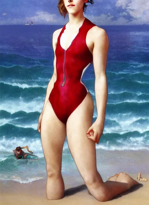 Image similar to portrait emma watson as sea lifeguard on the beach, full length shot, shining, 8k highly detailed, sharp focus, illustration, art by artgerm, mucha, bouguereau