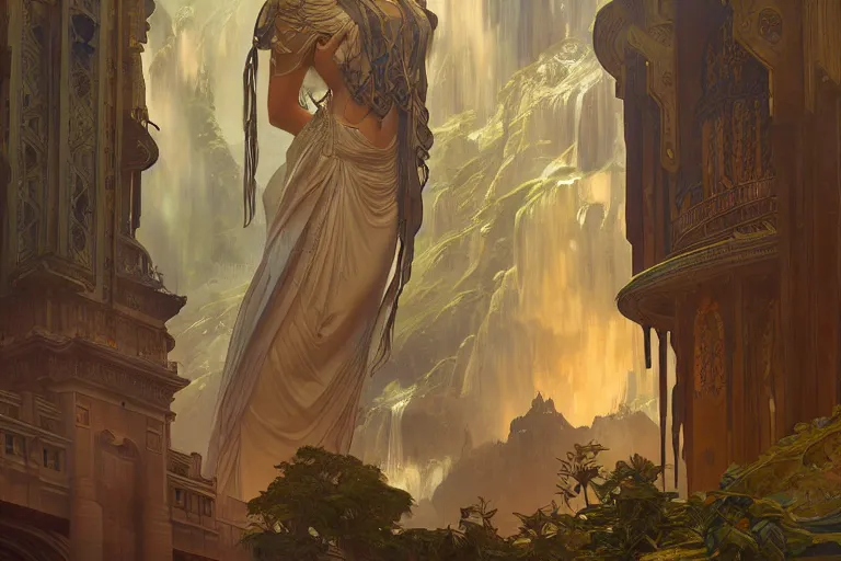 Image similar to backdrop of a high tech religious room with distant waterfalls and art deco statues, intricate digital painting artstation concept art smooth sharp focus illustration, art by artgerm and paul chadeisson and greg rutkowski and alphonse mucha