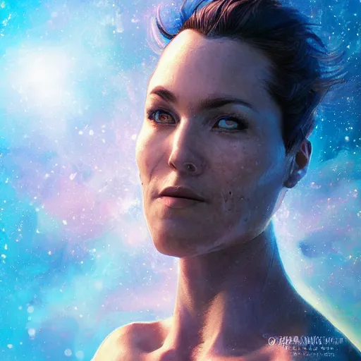 Prompt: photo of a woman alone in space in the style of stefan kostic, realistic, body shot, sharp focus, 8 k high definition, insanely detailed, intricate, elegant, art by stanley lau and artgerm, floating embers