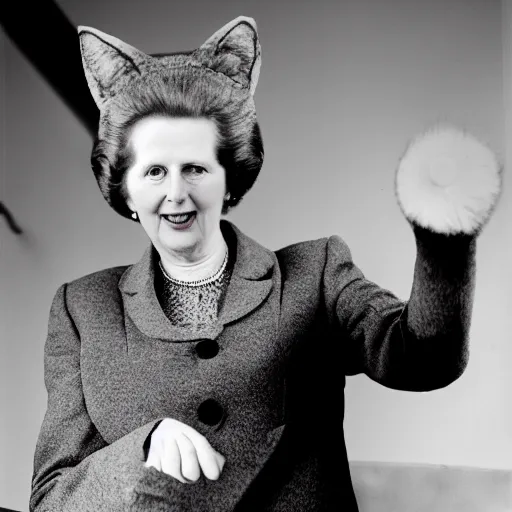 Image similar to Margaret Thatcher wearing cat ears, colour photography