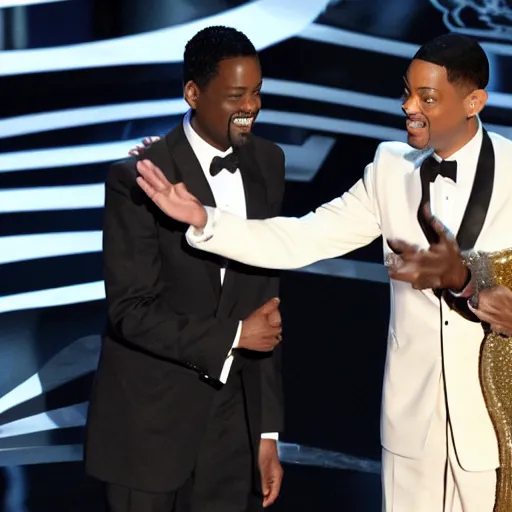 Prompt: chris rock slapping will smith on stage during the oscar awards, 8k, realistic