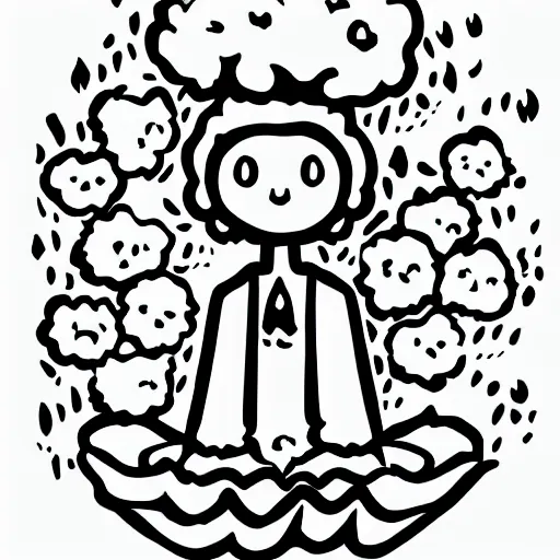 Image similar to black and white anime character of a piece of fluffy popcorn with a smiling face and flames for hair, sitting on a lotus flower, clean composition, symmetrical