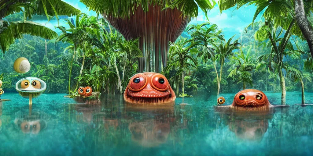 Image similar to of a tropical rainforest lake with strange cute friendly happy creatures with huge eyes, mouth, long tongue, round teeth and goofy face, appearing from the water, in the style of gehry and gaudi, macro lens, shallow depth of field, ultra detailed, digital painting, trending artstation, concept art, illustration, cinematic lighting, photorealism, epic, octane render