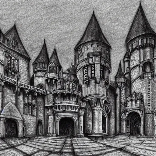 Prompt: a sprawling gothic castle fortress university, organic and art noveau, artstation, beutifully detailed pencil drawing, wide angle