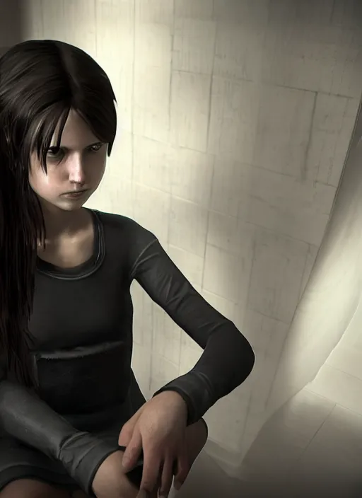 Image similar to a 1 4 year old girl eveline from resident evil 7 with straight long black hair wearing black dress that sitting on bathroom floor