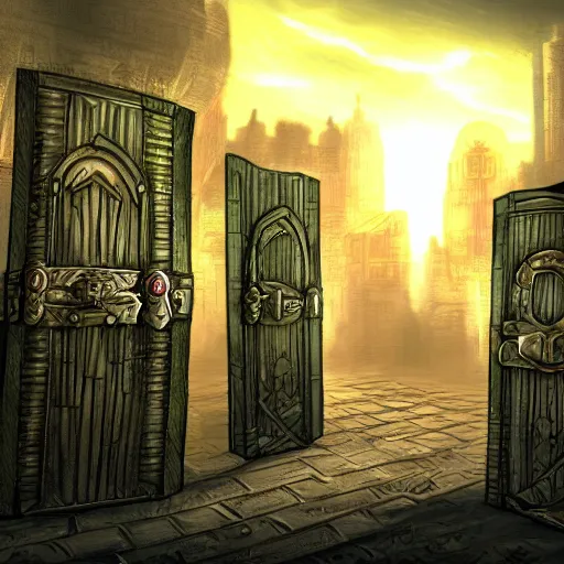 Image similar to planescape art style city of doors wallpaper