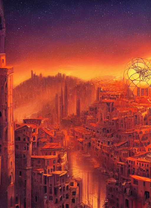 Prompt: ethereal starlit city of dreams at sunset, italian futurism, da vinci, hd, digital painting