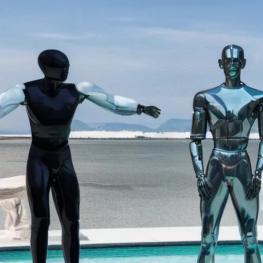 Image similar to a realistic detailed photo of a guy who is an attractive humanoid who is half robot and half humanoid, who is a male android, french presenter cyril gossbo, shiny skin, posing like a statue, blank stare, by the pool, on display, showing off his muscles, humanoid robot, frozen ice statue