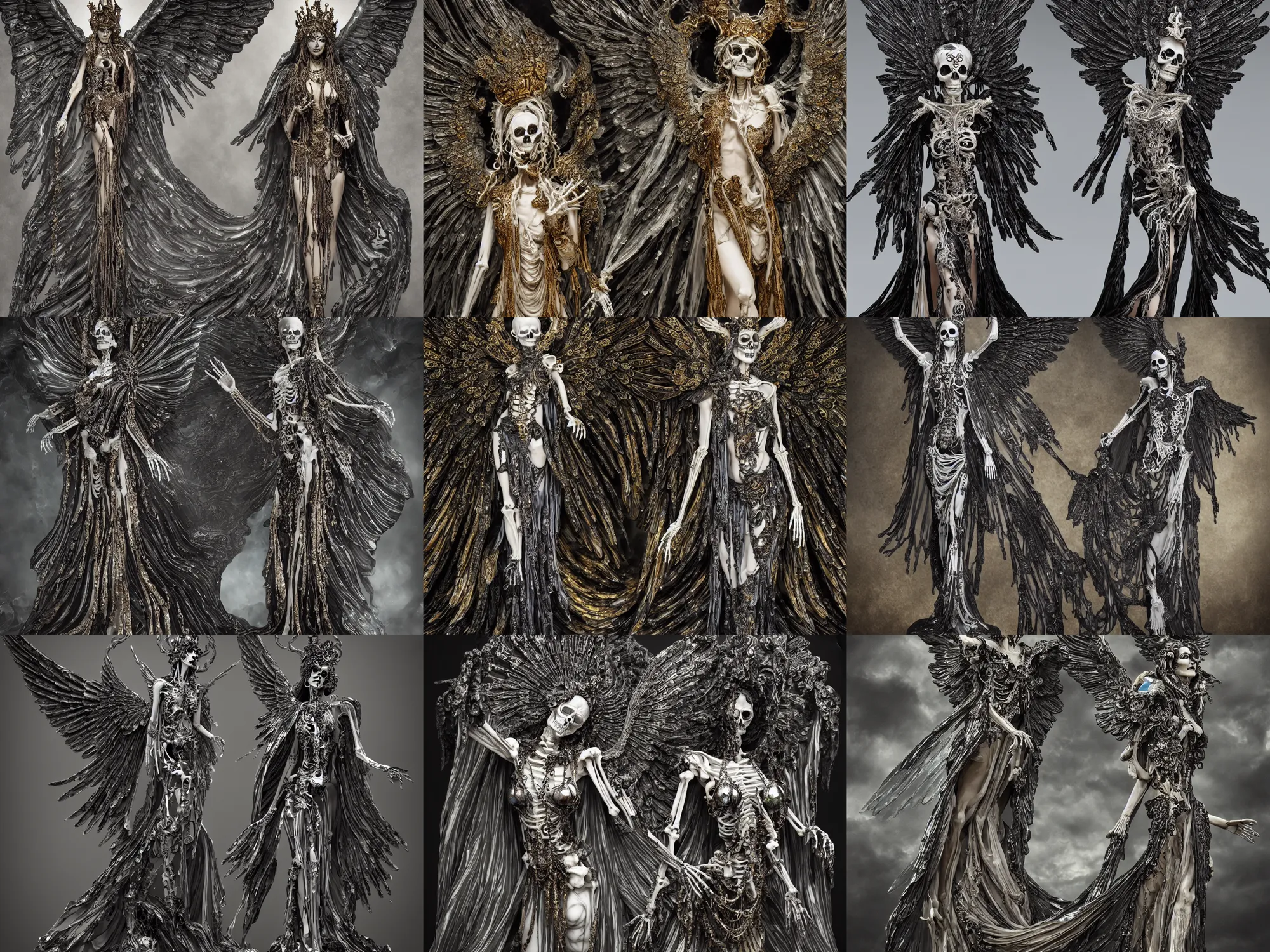 Prompt: skeleton queen made of glass with ornate flowing robes, winged victory of samothrace dripping black iridescent liquid, ornamented, opulent, elaborate, accurate, intricate, meticulous, decorative, moody, dramatic, atmospheric, octane render, hypermaximalist, elegant, ornate, luxury, hyper realistic, hyper detailed