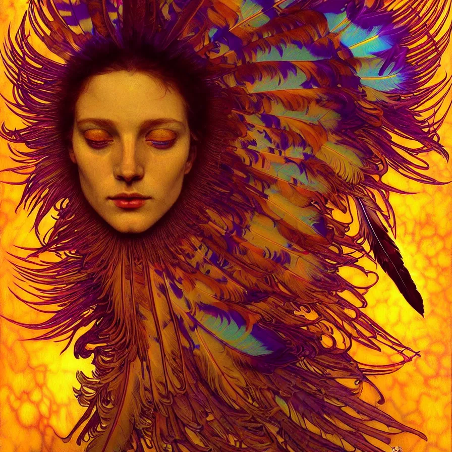 Image similar to face of innocent psychedelic transcendent feather mind bending psychedelic wings of glossy liquid honey flowing like kaleidoscopic translucent holograph, lsd feathers, feathery fluff, enlightenment, high contrast dappled lighting, refracted sunset, highly detailed, concept art, art by collier, albert aublet, krenz cushart, artem demura, alphonse mucha