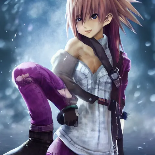 Image similar to beautiful anime girl in the style of final fantasy 7 with purple eyes, wearing jeans, perfect body, standing in the rain, high quality anime art, trending on artstation, 8K octane render, wallpaper