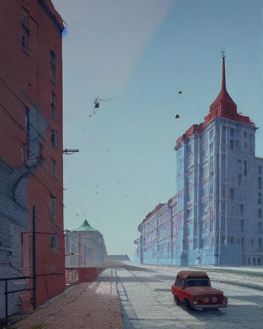 Image similar to a beautiful painting of old soviet city, by simon stalenhag and zdzisław beksinski and rene magritte and greg rutkowski, in style of digital art. hyper detailed, rim light, exquisite lighting, clear focus, very coherent, plain background, soft painting