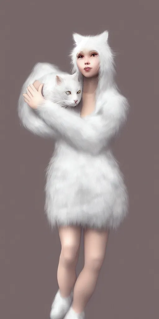 Image similar to beautiful aesthetic full body digital illustration of a young woman wearing a furry white cat costume by wlop and Julia Razumova, realistic, photorealistic, hyperrealistic, unreal engine, octane, deviantArt, trending on artstation, artstation HQ