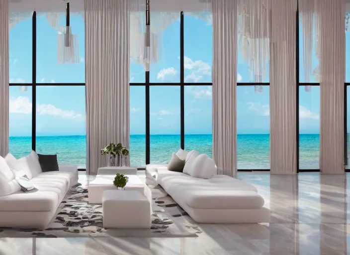 Image similar to interior photo of a modern beach mansion with a beautiful couch next to a white marble table on top of which there are magnificent flowers, highly detailed, hd, 4k