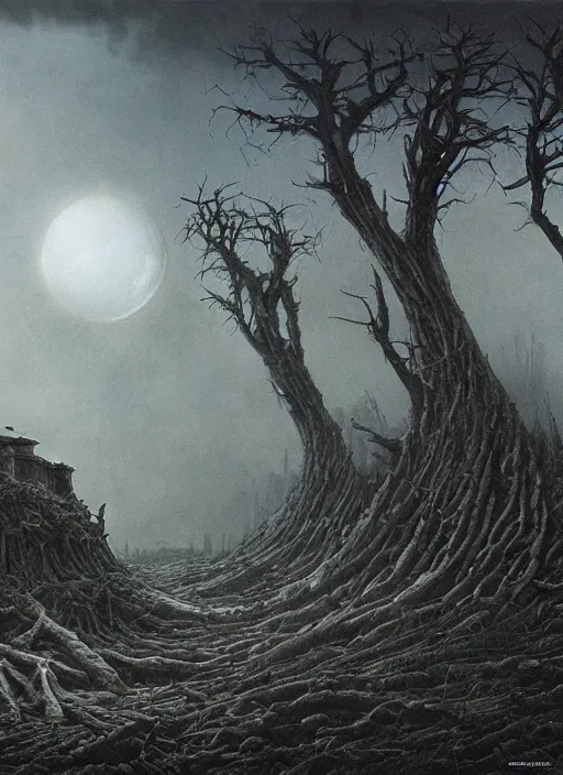 Image similar to a dramatic matte painting of The Tomb in the dystopian landscape is opening through the ground, the dead has arisen under the glowing moon, dead trees and a brooding landscape by Giger and Dariusz Zawadzki and Beksinski