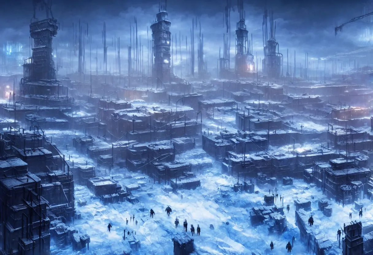Image similar to frostpunk style concept art of frozen city with industrial machines, matte painting, beautiful render, octane render, concept art