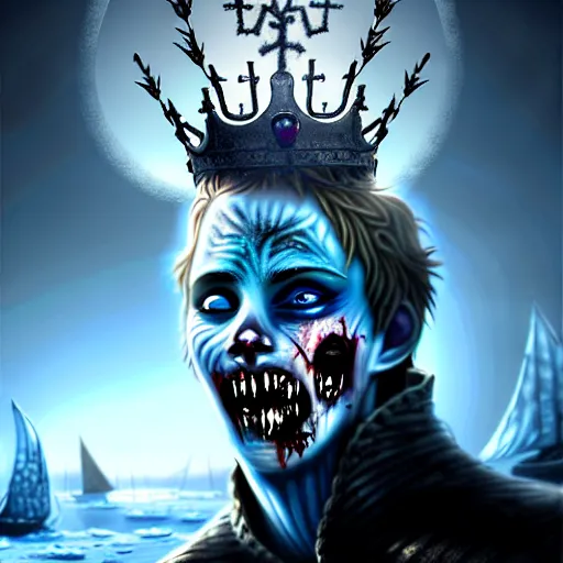 Image similar to a frozen zombie man with a crown, eyes are glowing, broken sailing ship boat in the background, is at dawn and bluish, fantasy, intricate, elegant, highly detailed, digital painting, artstation, concept art, matte, sharp focus, illustration, art by aenaluck and roberto ferri and greg rutkowski, epic