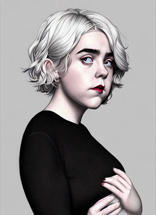 Image similar to full body portrait, kiernan shipka as sabrina spellman, white hair, obese, bangs, sultry, realistic, sultry smirk, fluffy bangs, curly bangs, fat, belly, intricate, elegant, highly detailed, digital painting, artstation, concept art, smooth, sharp focus, illustration, art by wlop, mars ravelo and greg rutkowski