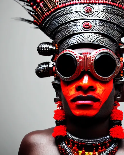 Image similar to photo of a Dramatic Theyyam male character with traditional headgear painted face wearing futuristic robocop LED goggles and futuristic robot armour with wide traditional ghaghra in the style of stefan kostic, full body, realistic, sharp focus, symmetric, 8k high definition, insanely detailed, intricate, elegant, art by stanley lau and artgerm, Hajime Sorayama, William-Adolphe Bouguereau