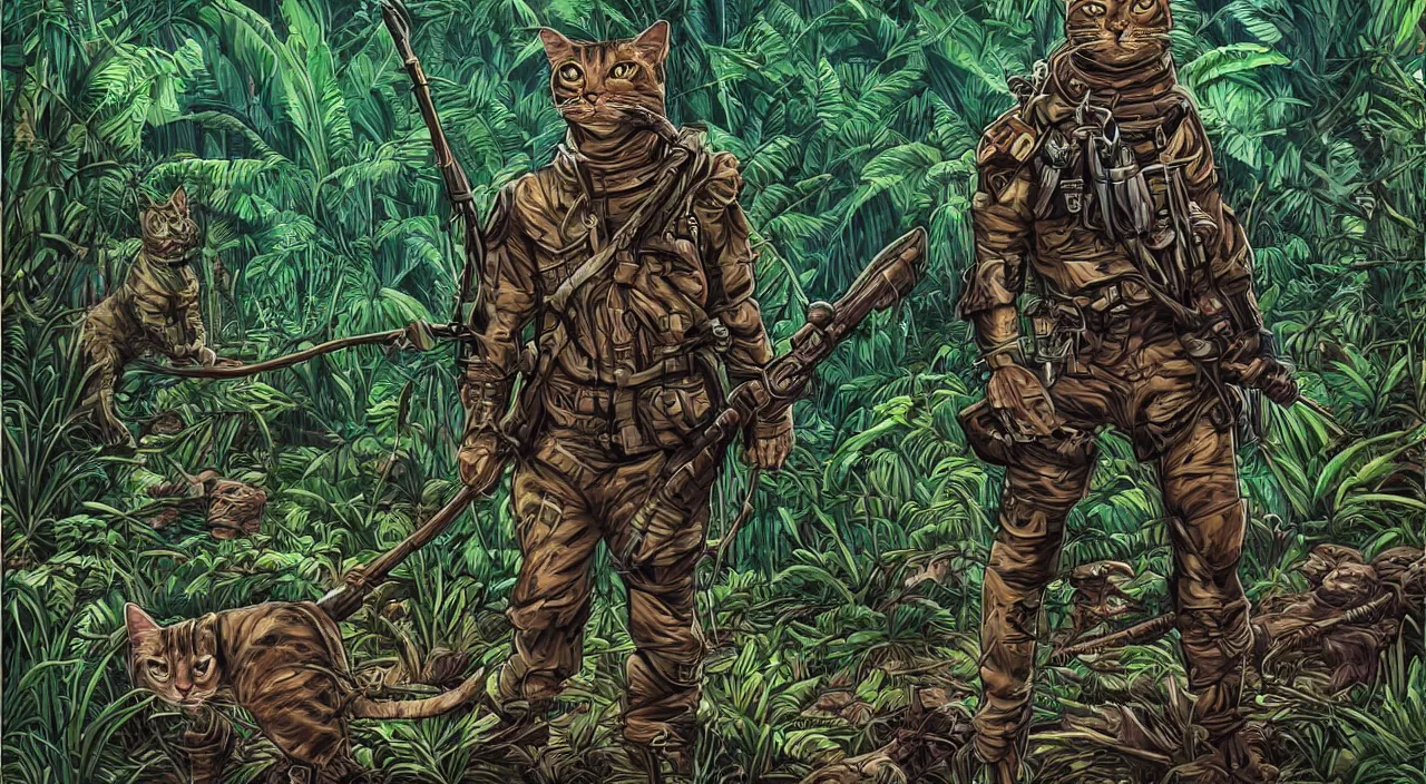 Prompt: a humanoid cat soldier from world war 2 in the jungle, artwork by dan mumford