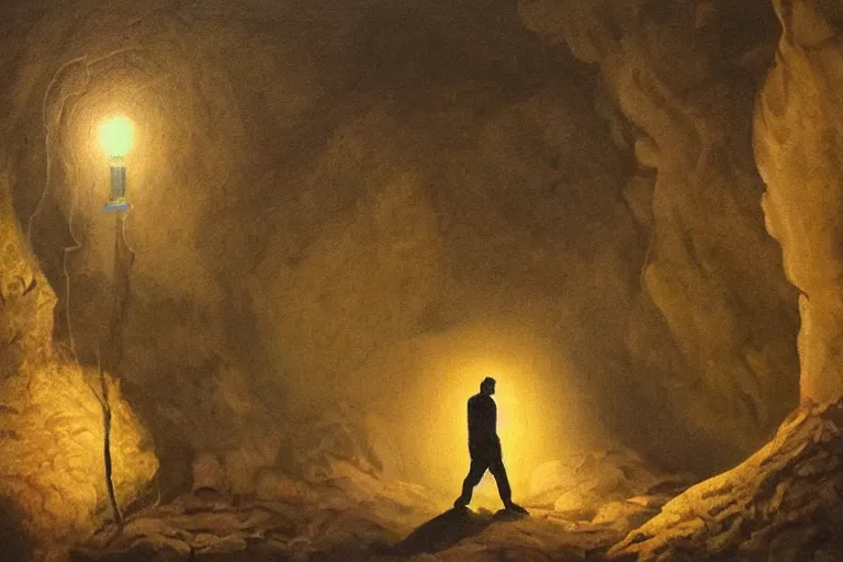 Image similar to A beautiful painting of a lone man with weak flashlight in huge dark underground cave