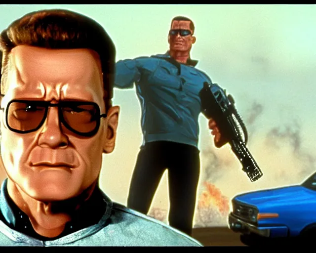 Prompt: a still of hank hill in terminator 2 judgement day