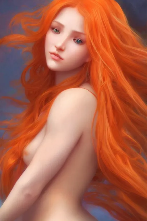 Image similar to nami, long orange hair, brown eyes, beautiful body, digital art from artstation by artgerm and william - adolphe bouguereau