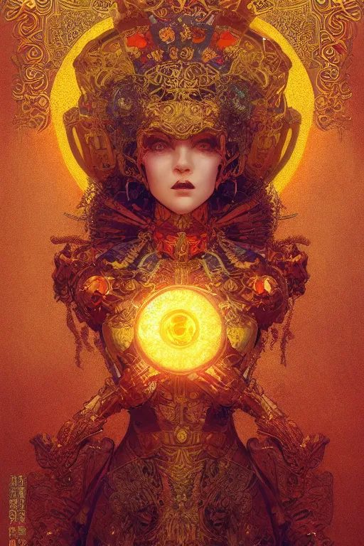 Image similar to tarot card artstation, portrait of a robot love dancer, sunrise, baroque ornament and rococo ornament, ancient chinese ornate, hyperdetailed, beautiful lighting, craig mullins, mucha, klimt, yoshitaka amano, red and gold and orange color palette