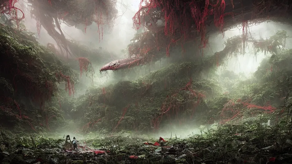 Image similar to a Photorealistic dramatic Matte painting,Looking through deep inside an Alien planets dense red forest there is a gigantic crashed derelict spaceship,a lone astronaut in a white spacesuit with lights is exploring outside,hundreds of tall gigantic monster carnivorous Red Venus Flytrap plants and glowing bulbs,translucent wet and slimy plant life by Greg Rutkowski,Craig Mullins,James Paick,Fenghua Zhong,a misty haze,Beautiful dramatic dark moody nighttime lighting,Cinematic Atmosphere,Volumetric,Terragen,Octane Render,8k