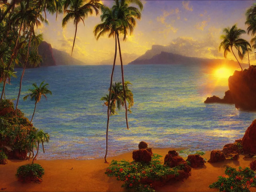 Prompt: Island beach cove at the center of the universe, Kauai, Sunlight Study, by Albert Bierstadt and ((((((((((Lisa Frank))))))))), Art Nouveau, 8k