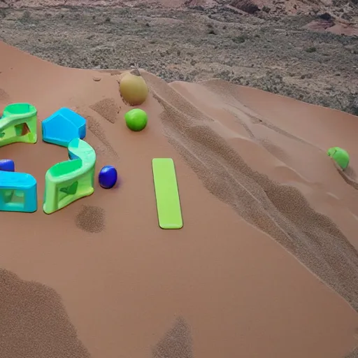 Prompt: baby toy shape building in the dessert, big scale