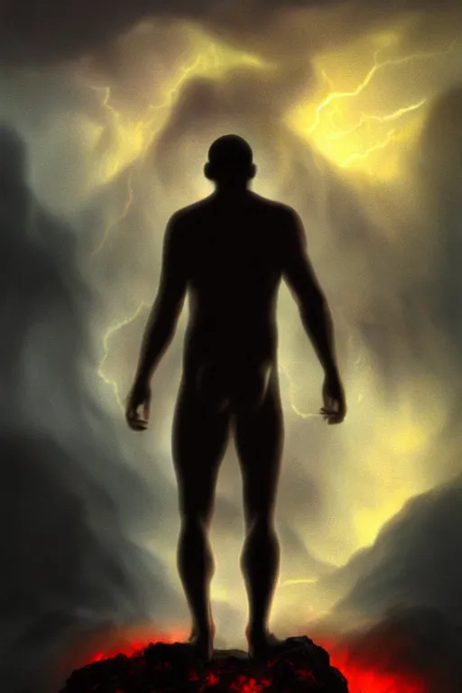 Image similar to a hulking human male silhouette in the darkness, his eyes glowing red, roiling stormclouds overhead,. atomospheric, artgerm, in the style of turner, high detail, 8 k resolution,