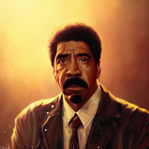 Image similar to closeup portrait of richard pryor, dramatic lighting, city background, chiaroscuro, high detail, painted by greg rutkowski, painted by igor kieryluk, painted by bobby chiu, trending on artstation