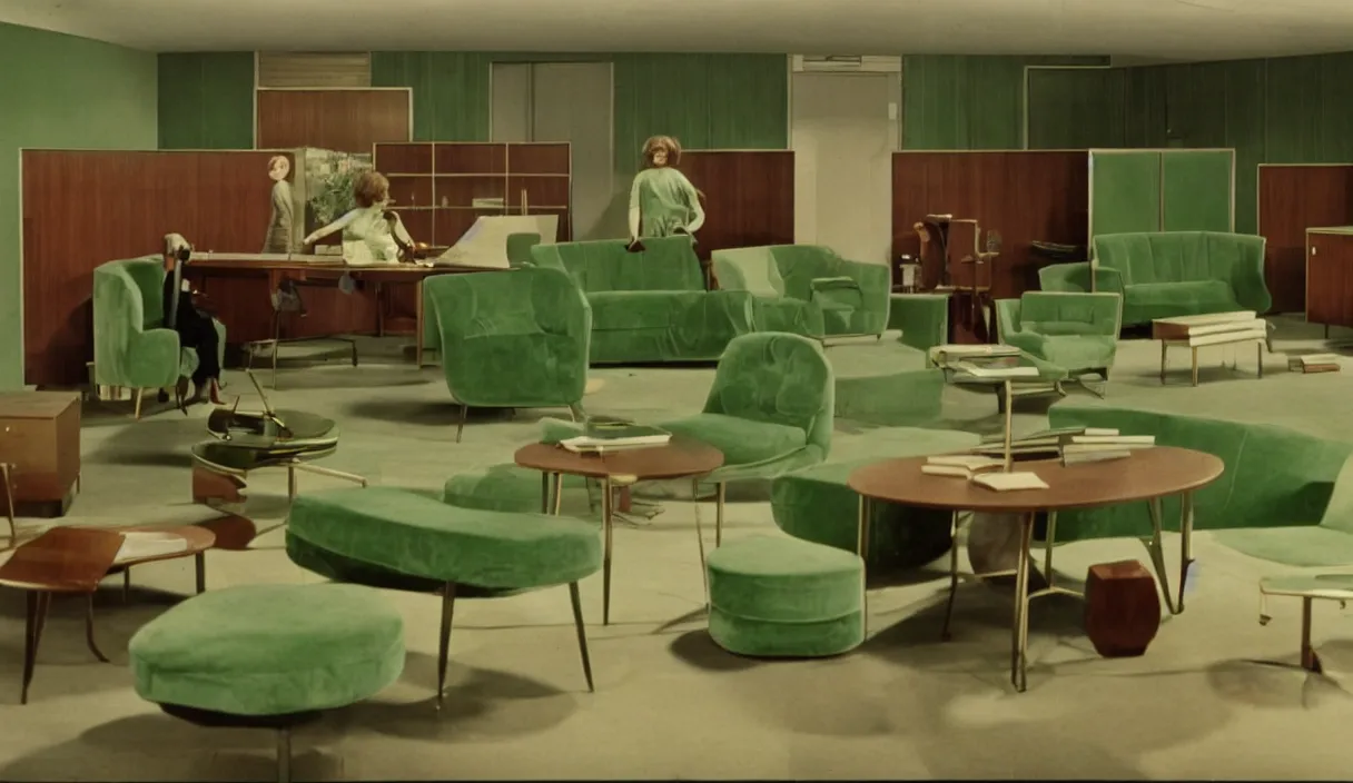 Image similar to a still of severance series indoor 7 0 s green velvet and wood with metal furniture office scenario appearing in a film of jacques tati, in movie playtime ( 1 9 6 7 ) color