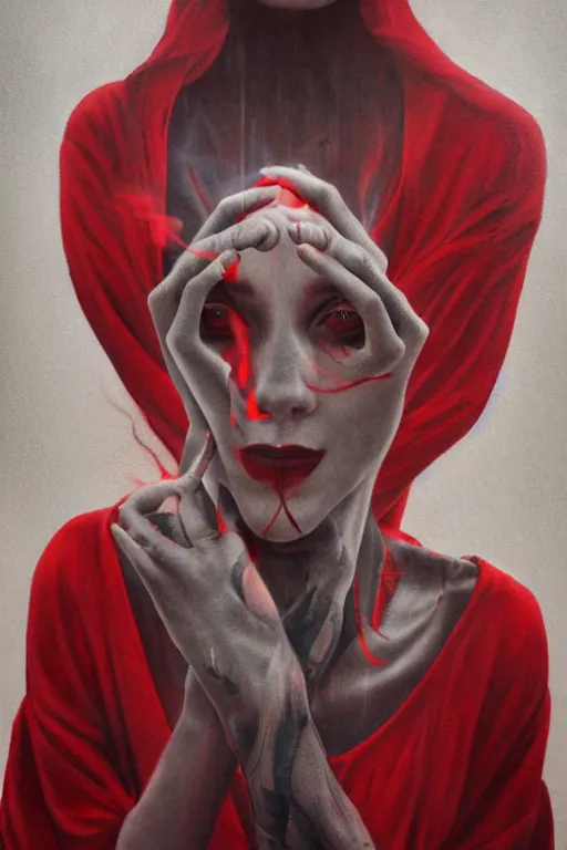 Prompt: tattooed beautiful cult girl smoke swirling and smiling, red dress, symmetric, dark, moody, eerie religious composition, photorealistic oil painting, post modernist layering, by Sean Yoro