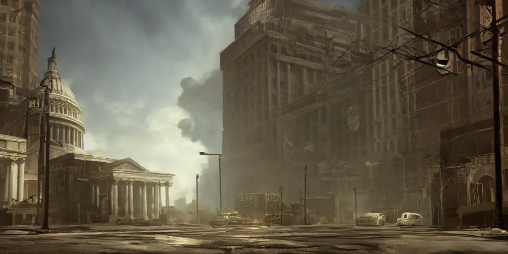 Prompt: fallout concept art washington dc render dramatic lighting unreal engine 5