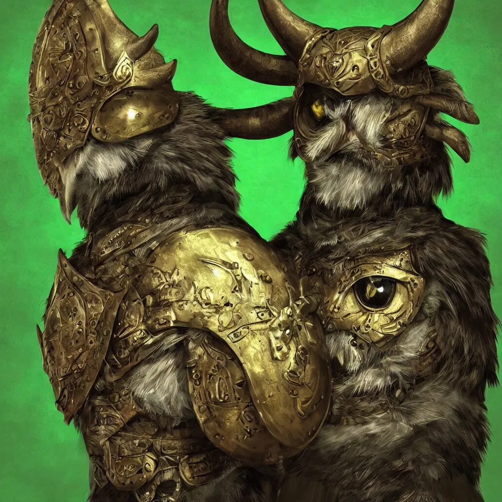 Image similar to An award winning digital art piece of a furry, photorealistic, cinematic, highly detailed, realistic anthropomorphic owl wearing a horned viking helmet, shield, and green shirt.