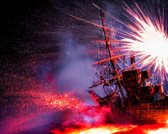 Image similar to action photography of an explosion on a pirate ship, fast shutter speed, high speed, VFX particle simulation, action photo, 1/1000 sec shutter