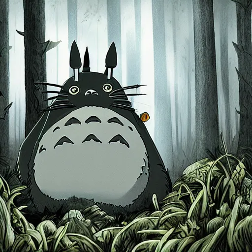 Image similar to totoro in a black metal band in the middle of the forest, fantasy digital art, wow, stunning, ghibli style, hight quality