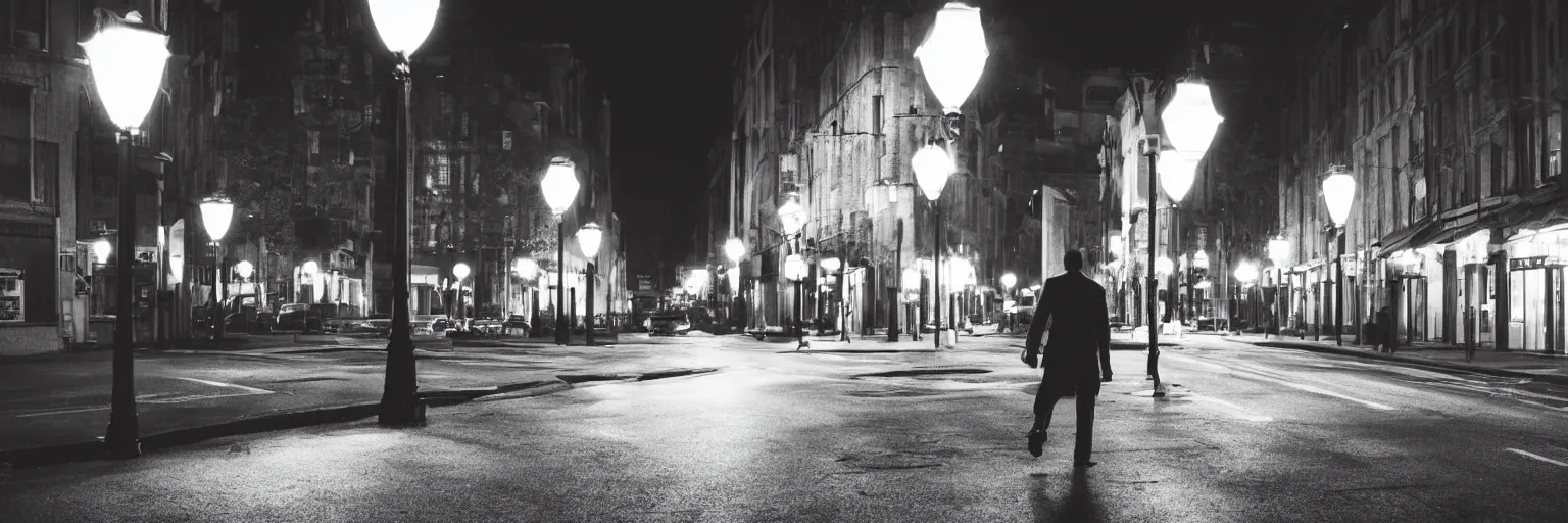 Prompt: a man walking at nightime, street lights, film noir