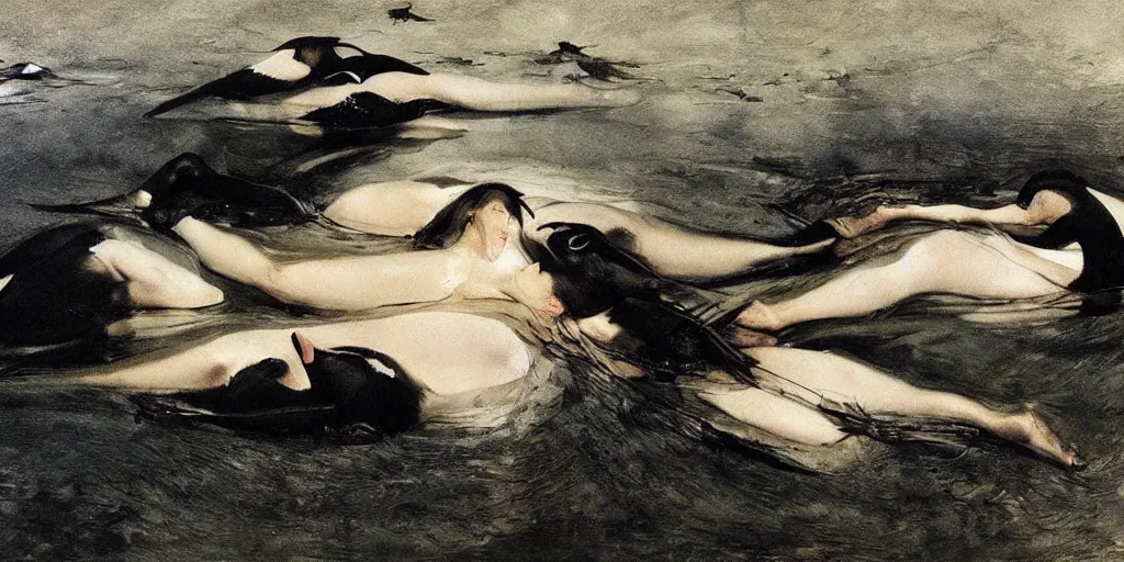 Prompt: black swans melting together in the dark waters. by andrew wyeth, jenny saville and john dollman