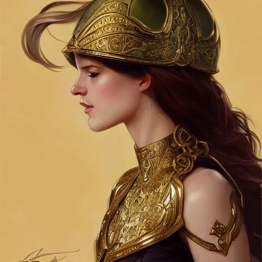 Image similar to an attractive young female wearing an ornate metallic helmet, holly pears, olive skin, long dark hair, beautiful bone structure, intricate, elegant, highly detailed, digital painting, artstation, concept art, smooth, sharp focus, illustration, art by artgerm and greg rutkowski and alphonse mucha